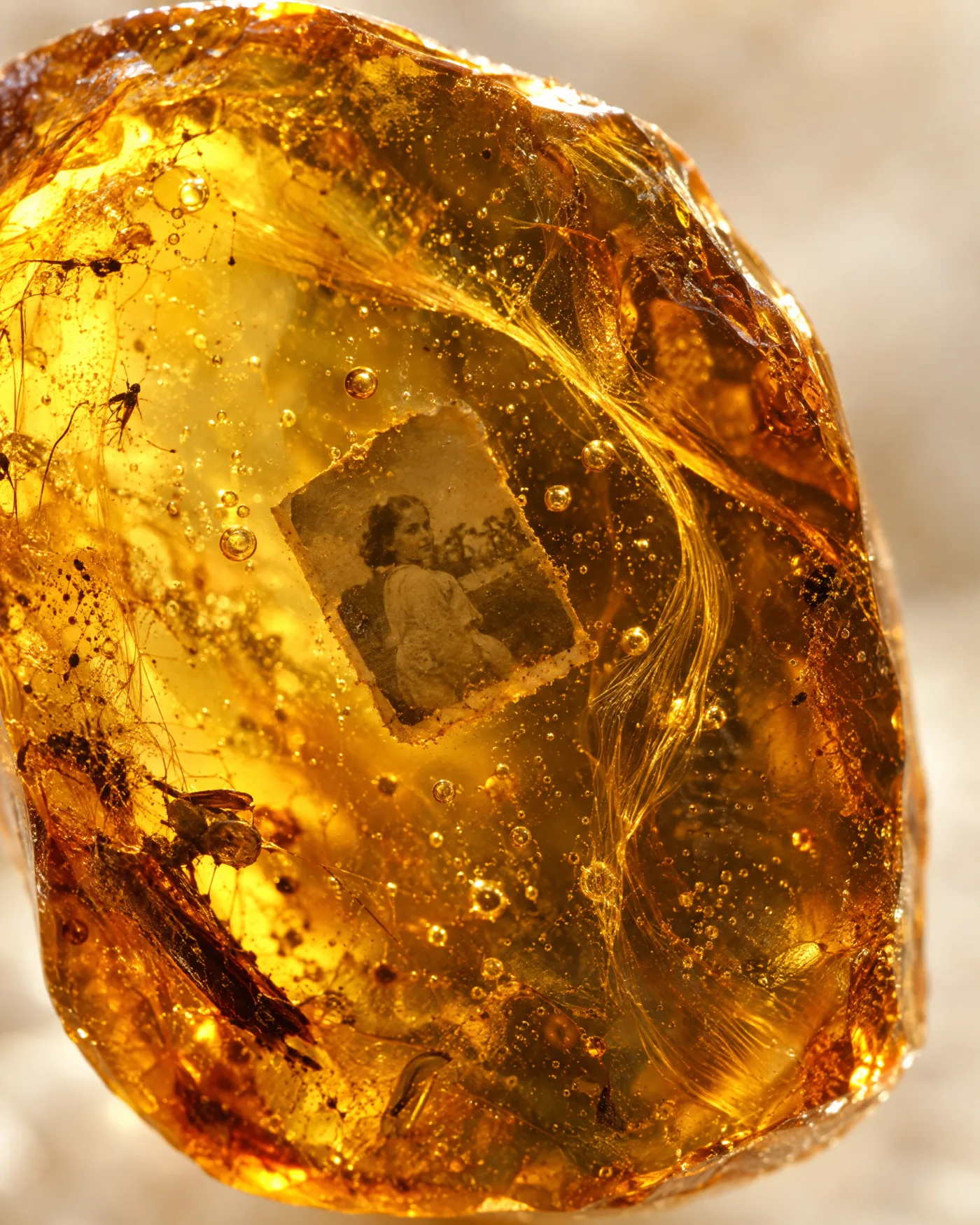 A piece of Baltic amber against the light, with a small old photograph caught inside.