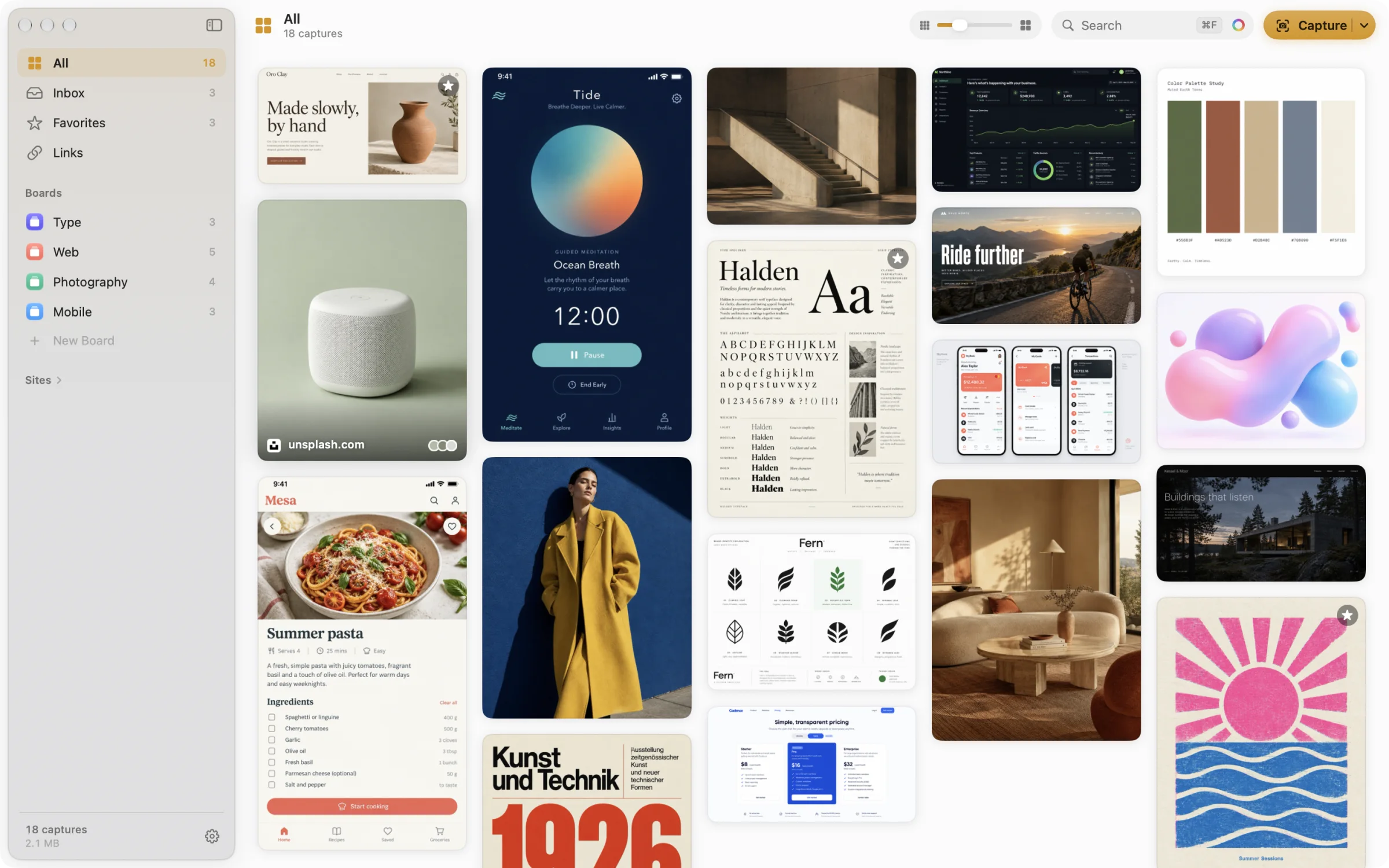 The Ambrel window: a sidebar with All, Inbox, Favorites, Links and four boards; on the right, a mosaic of captures: websites, phone screens, photographs and posters.