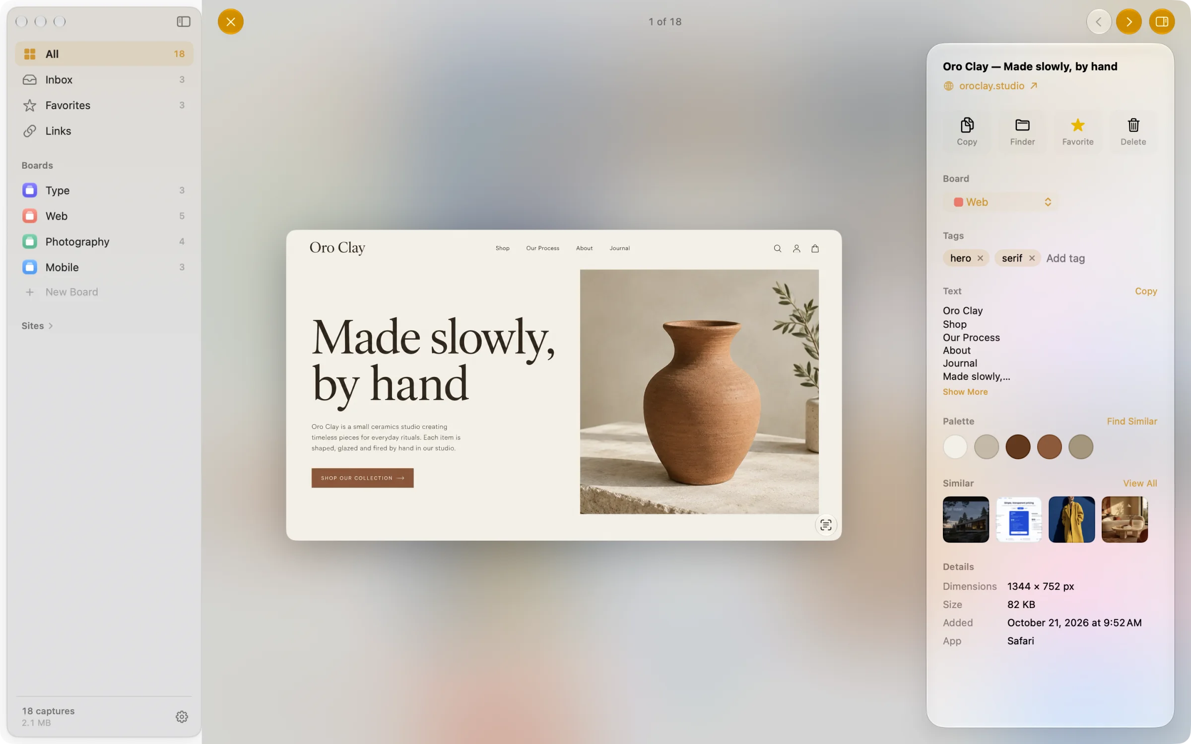 The Ambrel viewer: a capture of the Oro Clay website shown large and, on the right, its details: source, board, tags, text, palette, similar captures and file details.